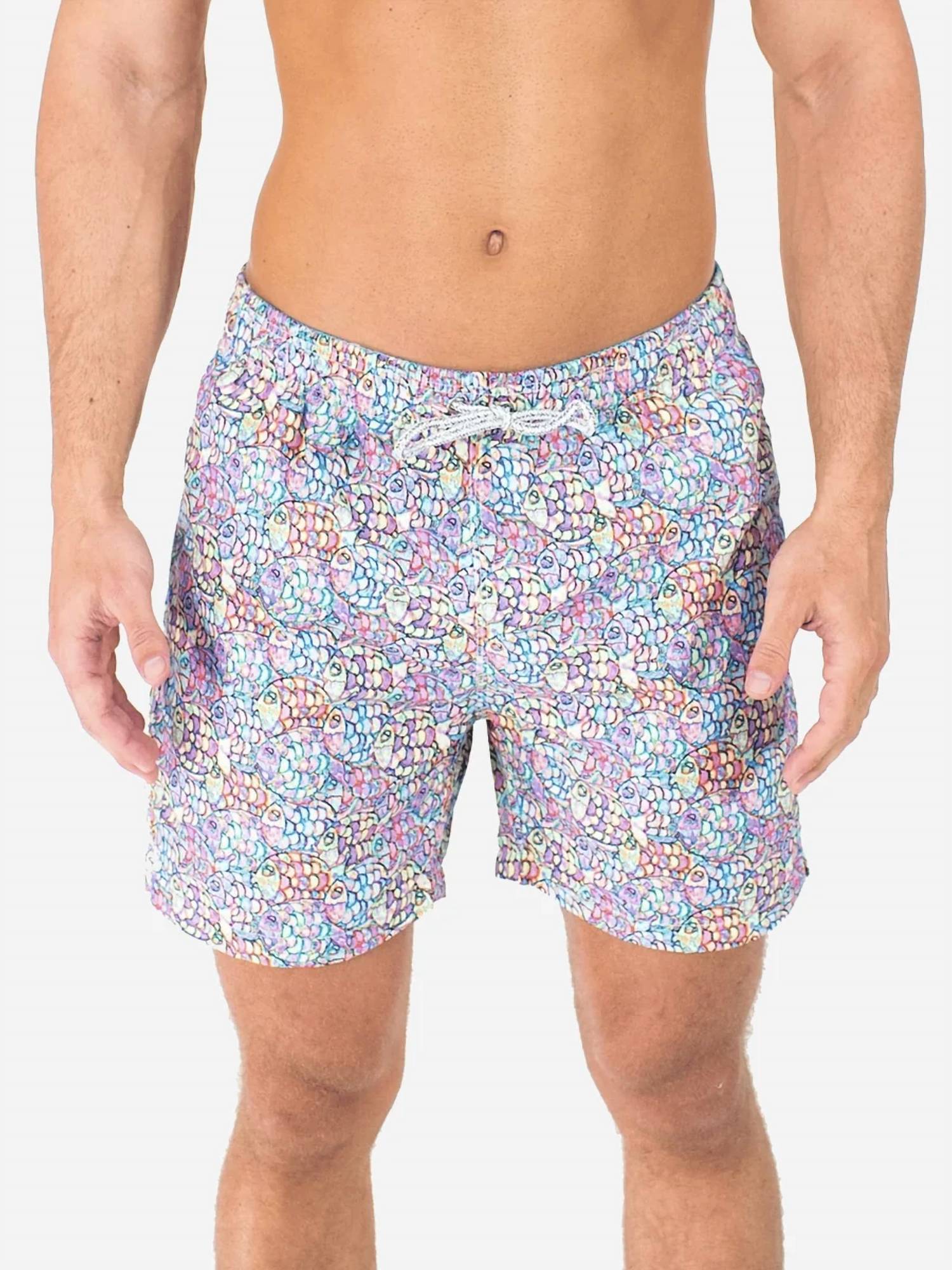 New Michaels Swimwear Mens Cyclist Swim Trunks In Abstract Fish Blue